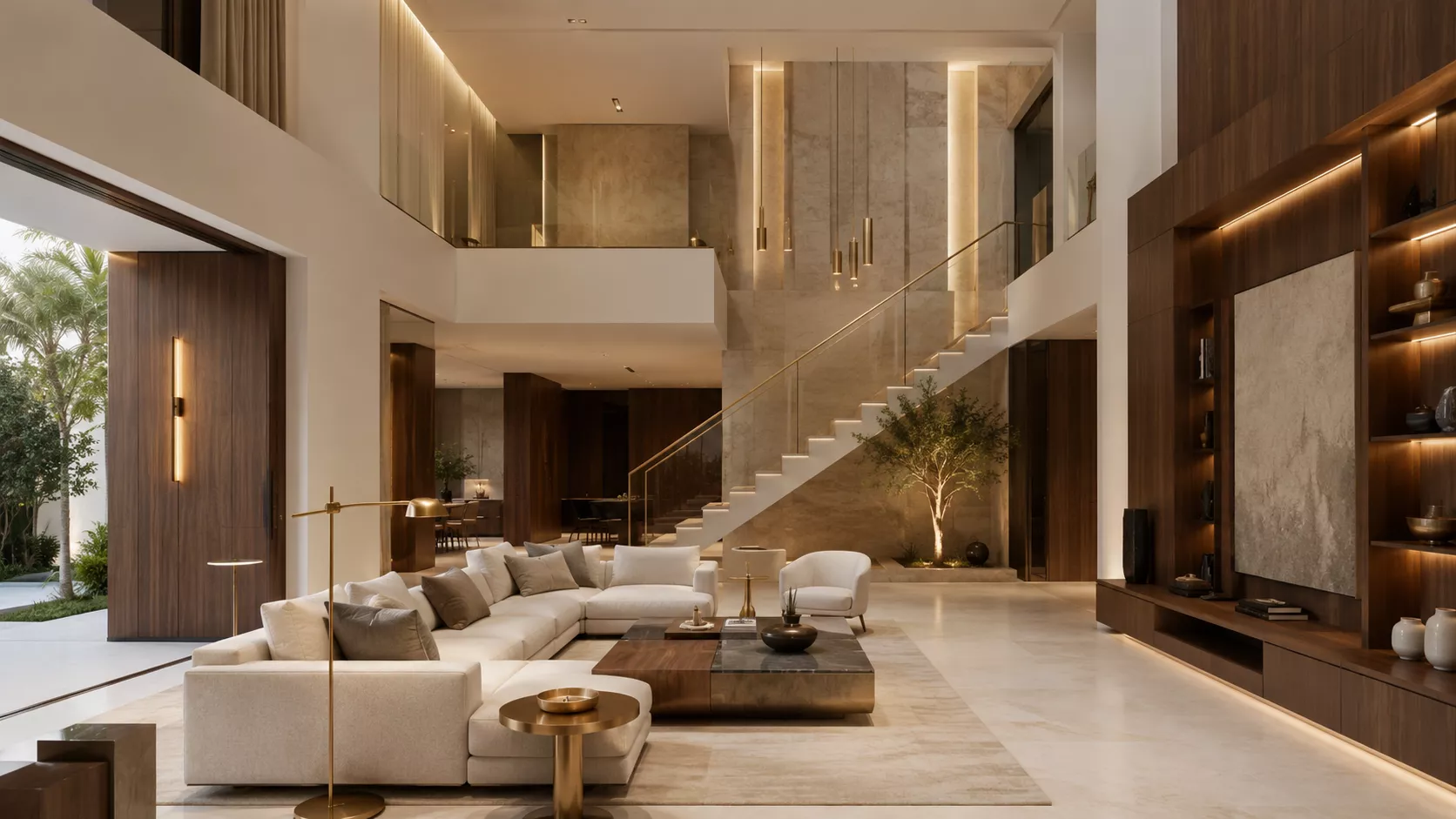 Layered Lighting Luxury Villa Interior ديكور فلل فاخر بإضاءة طبقية ولوحة لونية موحّدة